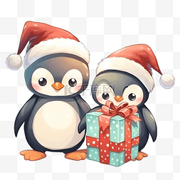 卡通圣诞精灵和可爱的企鹅拿着礼