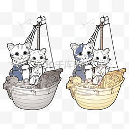 船上可爱的渔夫猫卡通儿童着色页