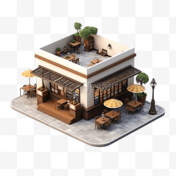 3d店铺模型图片_3D 渲染等距咖啡店完美的场景背景