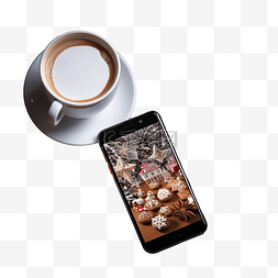 手机上的食物图片_木桌上的手机，上面有圣诞树和可