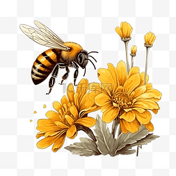 线稿动植物图片_蜜蜂的卡通铅笔画风格花园里的动