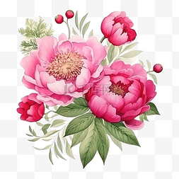水彩粉色牡丹和野草莓花束