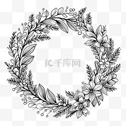 手绘圣诞花环圆花框与树枝白色涂