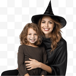 妈妈和孩子孩子图片_万圣节穿着女巫服装的妈妈和女儿