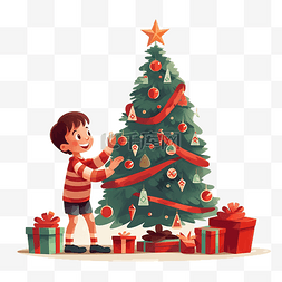玩耍的男孩图片_带着礼物的男孩在圣诞树附近玩耍