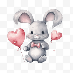 情人节图片_水彩灰色兔子与心