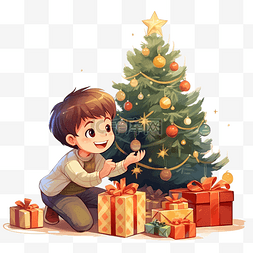 孩子在客厅玩耍图片_带着礼物的男孩在圣诞树附近玩耍