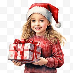 戴着红色圣诞帽的小女孩拿着礼物