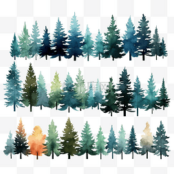 圣诞树森林水彩剪影设计隔离矢量
