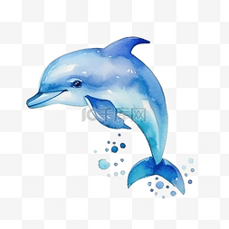 熱帶图片_可爱的蓝色海豚海洋动物水彩插图