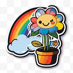 带有彩虹和云彩的盆栽花卉贴纸 