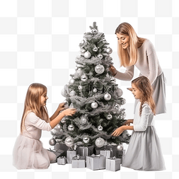 乐趣装饰图片_妈妈和她的小女儿们装饰圣诞树