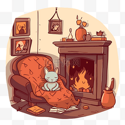 舒适的剪贴画卡通兔子坐在客厅的
