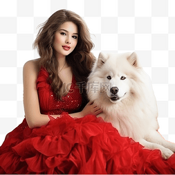 宠物合影图片_身穿红色连衣裙的模特女孩在圣诞
