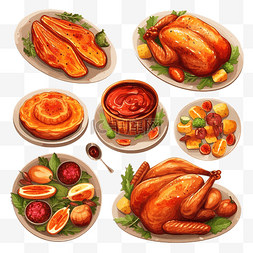 一桌子美食图片_设置感恩节晚餐图标顶部视图食物
