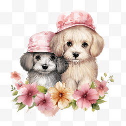 水彩可爱的小狗和花朵小狗与时尚