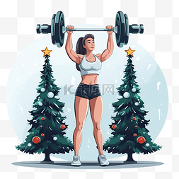 运动女孩在装饰圣诞树附近的健身