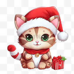 圣诞图片_可爱的猫拿着糖果和圣诞帽卡通矢