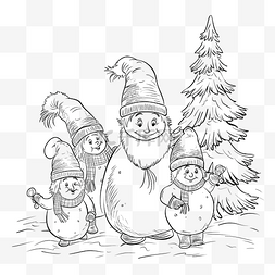 家庭快乐雪人与圣诞树一起散步的