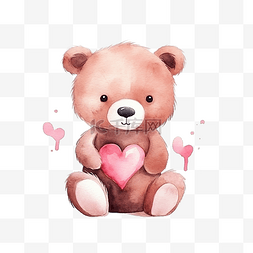 泰迪熊主题图片_可爱的棕熊粉红心水彩情人节主题