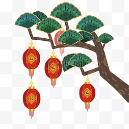 春节中国新年兔年松树灯笼装饰