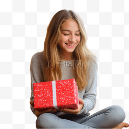 打开礼盒红色图片_圣诞装饰房间里的少女打开礼盒