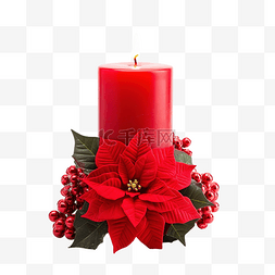 火图片_圣诞蜡烛与红花一品红崖柏小枝