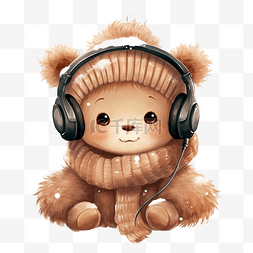 戴耳机的动物卡通图片_圣诞贺卡可爱卡通泰迪熊女孩戴着