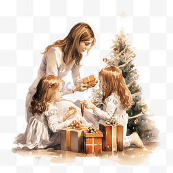 圣诞图片_母亲和女儿用礼物装饰圣诞树
