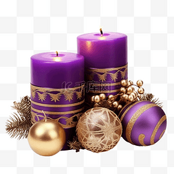 圣诞组合物，配有蜡烛和紫色和金