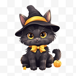 圣字图片_卡通黑猫，带黄丝带，可爱的女巫