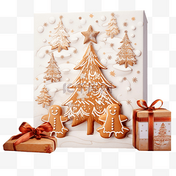 圣诞贺卡请柬礼盒和姜饼制作松树