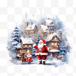 雪人图片_与圣诞老人和朋友在雪村的快乐圣