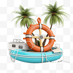 3d 帆船与掌舵手提箱棕榈树救生圈