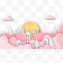 云朵海洋剪纸边框横图粉色