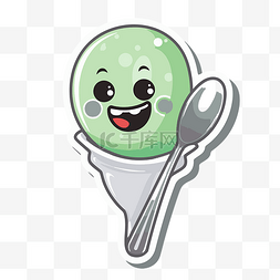 灰色地面勺子中的绿色冰淇淋角色