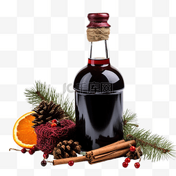 饮料照片图片_装有圣诞帽的瓶子里的热酒，深色