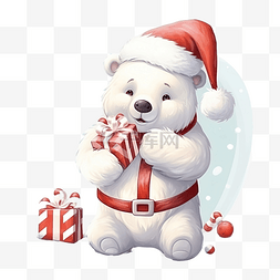糖果小插画图片_可爱的北极熊与圣诞糖果卡通插画