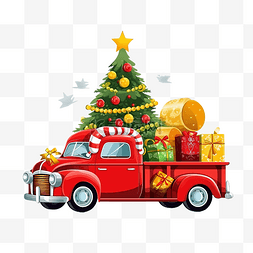 带雪的松树图片_戴着黄色冬帽的红色圣诞老人汽车