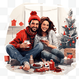 年轻的夫妇图片_圣诞节假期，厨房地板上放着杯子