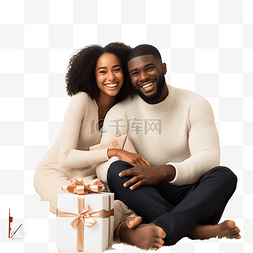 幸福的黑人夫妇拿着礼物坐在圣诞