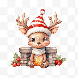烟囱里戴着圣诞老人帽子的可爱鹿