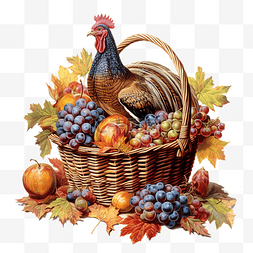水果卡通形象人物图片_感恩节，火鸡提着装满水果的篮子
