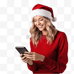 电话连接图片_穿着圣诞衣服的漂亮白人女孩在家