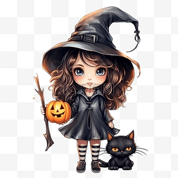 带扫帚和猫的小可爱女巫万圣节设