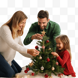 幸福生活图片_一家三口在家装饰圣诞树