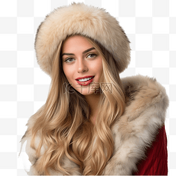 女士冬季帽子图片_穿着毛皮大衣和圣诞老人??帽子的