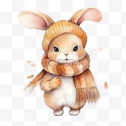 水彩可爱的兔子动物戴着围巾和帽