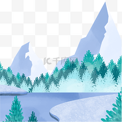 白色冰山湖面树林