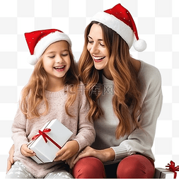 妈妈图片_戴着圣诞帽的年轻妈妈和女儿玩圣